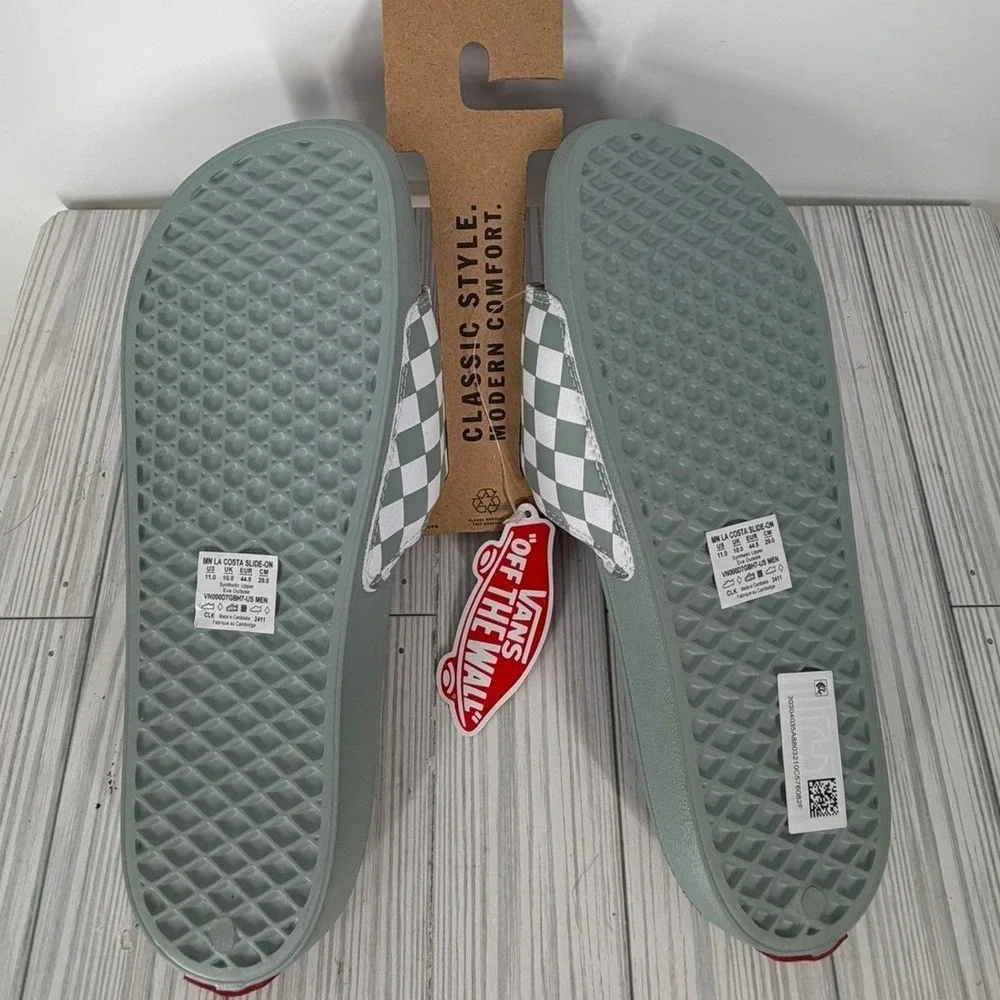 Vans La Costa Checkers Slide-On Sandals Sage Gray White board Mens Size 11 New